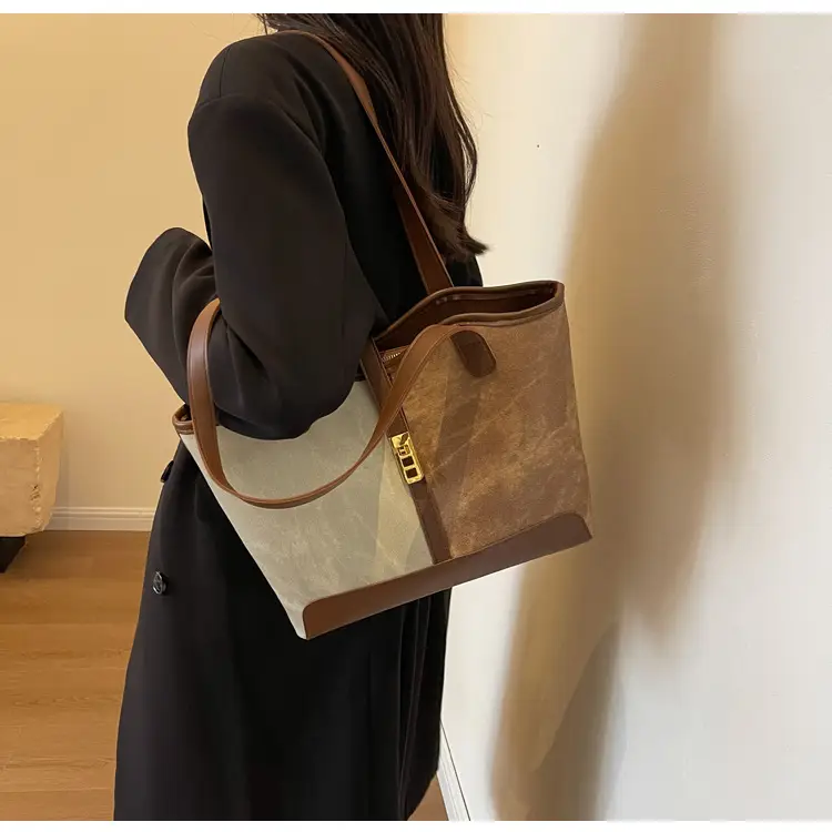 Women's Large Capacity Shoulder Bag Brown Grey Textile Work — feature 14
