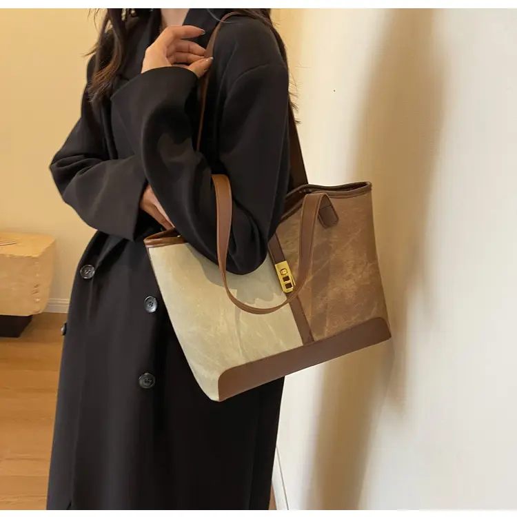 Women's Large Capacity Shoulder Bag Brown Grey Textile Work — feature 15