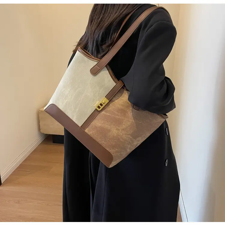 Women's Large Capacity Shoulder Bag Brown Grey Textile Work — feature 16