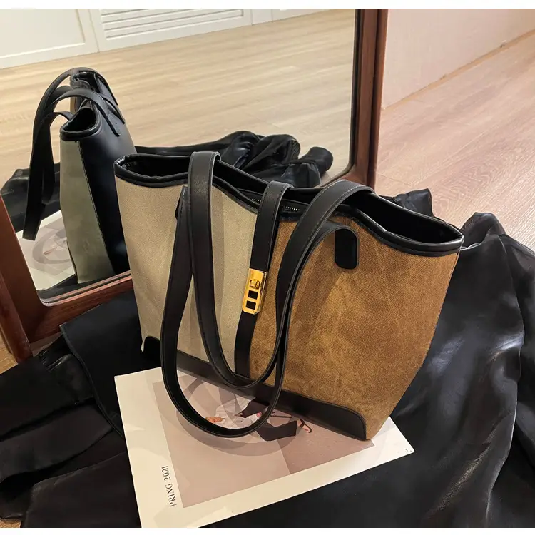 Women's Large Capacity Shoulder Bag Brown Grey Textile Work — feature 17