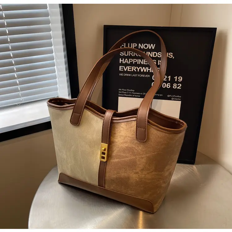Women's Large Capacity Shoulder Bag Brown Grey Textile Work — feature 21