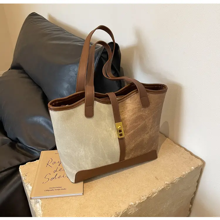 Women's Large Capacity Shoulder Bag Brown Grey Textile Work — feature 22