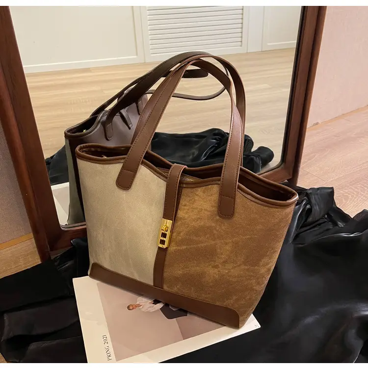 Women's Large Capacity Shoulder Bag Brown Grey Textile Work — feature 23