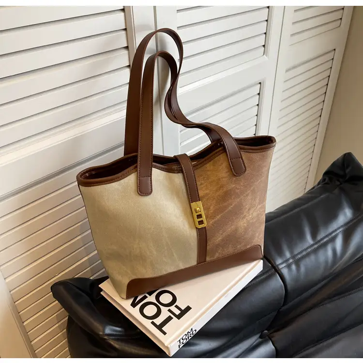 Women's Large Capacity Shoulder Bag Brown Grey Textile Work — feature 24