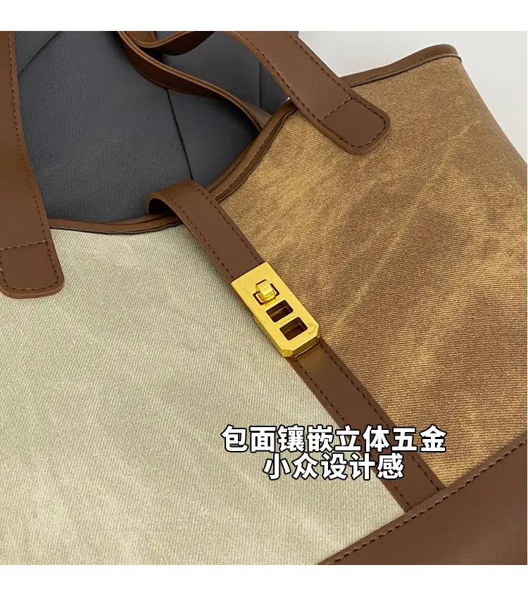Women's Large Capacity Shoulder Bag Brown Grey Textile Work — feature 4