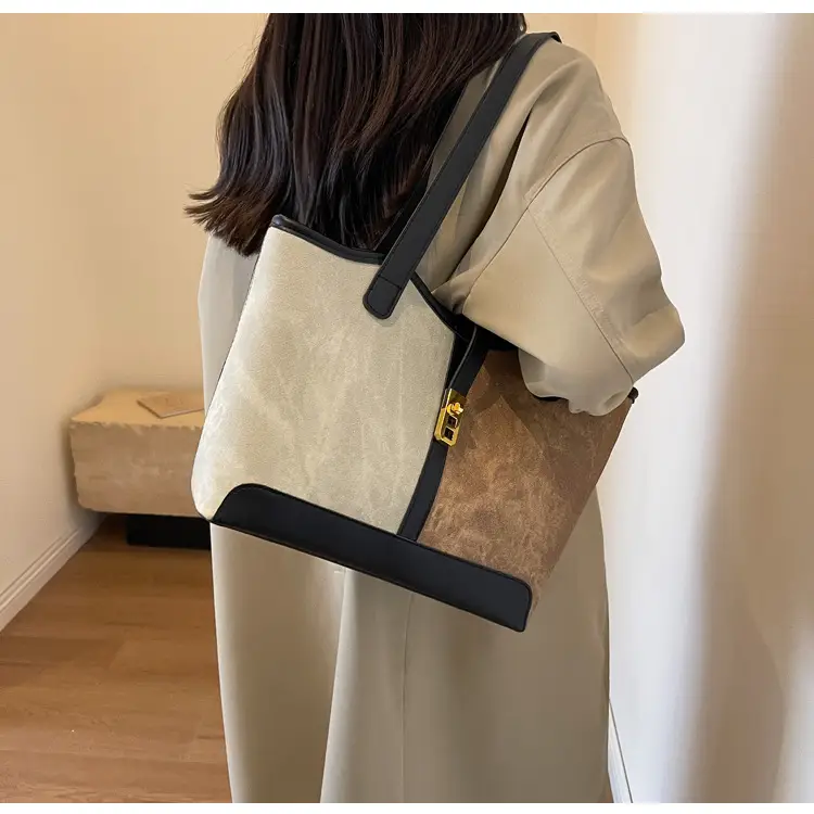 Women's Large Capacity Shoulder Bag Brown Grey Textile Work — feature 9