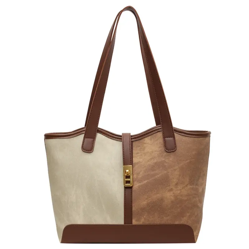 Women's Large Capacity Shoulder Bag Brown Grey Textile Work - Image 2