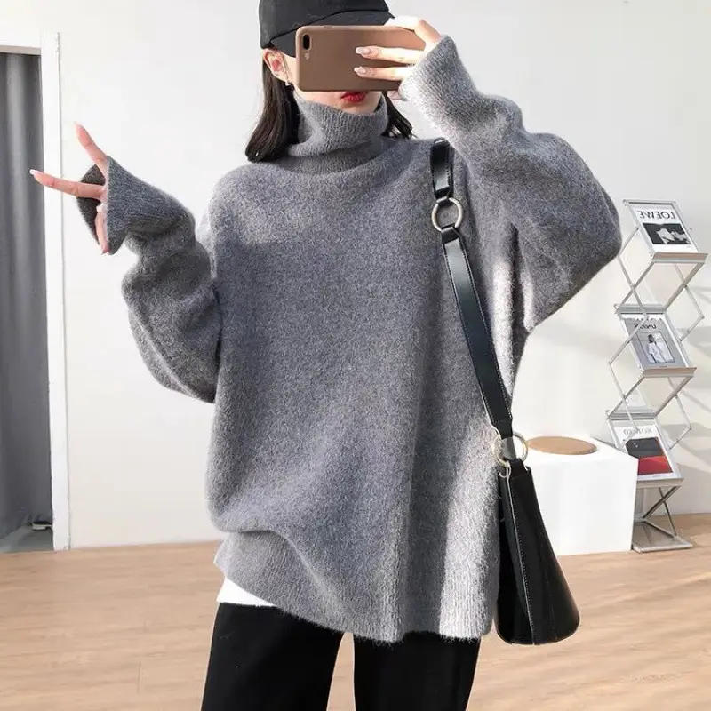 Women High Collar Knitted Sweater Grey 2025 - Image 8