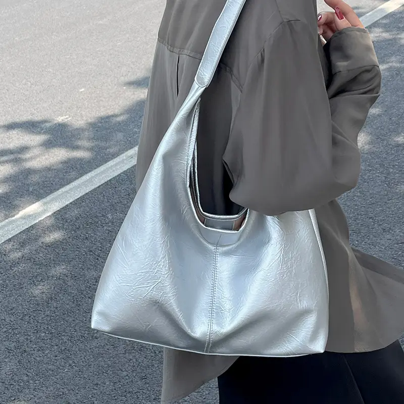 Women Large Capacity Shoulder Bag Silver Leather 2026 - Image 9