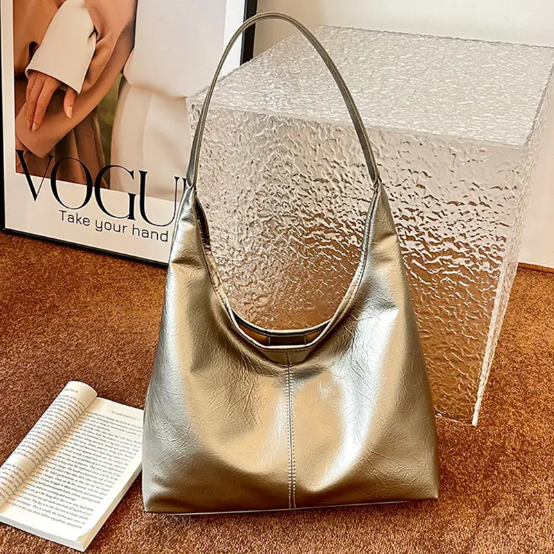Women Large Capacity Shoulder Bag Silver Leather 2026 - Image 3