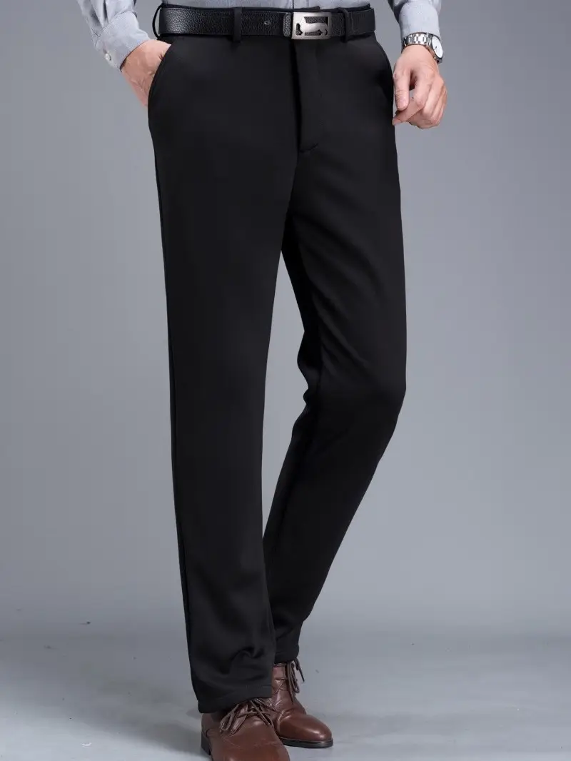 Men's Fleece Lined Black Pants Thick Waist Stretch - Image 12