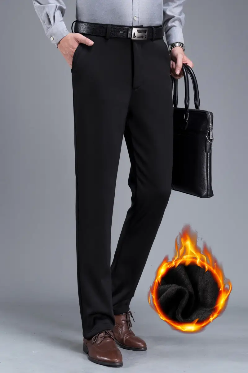 Men's Fleece Lined Black Pants Thick Waist Stretch — feature 1