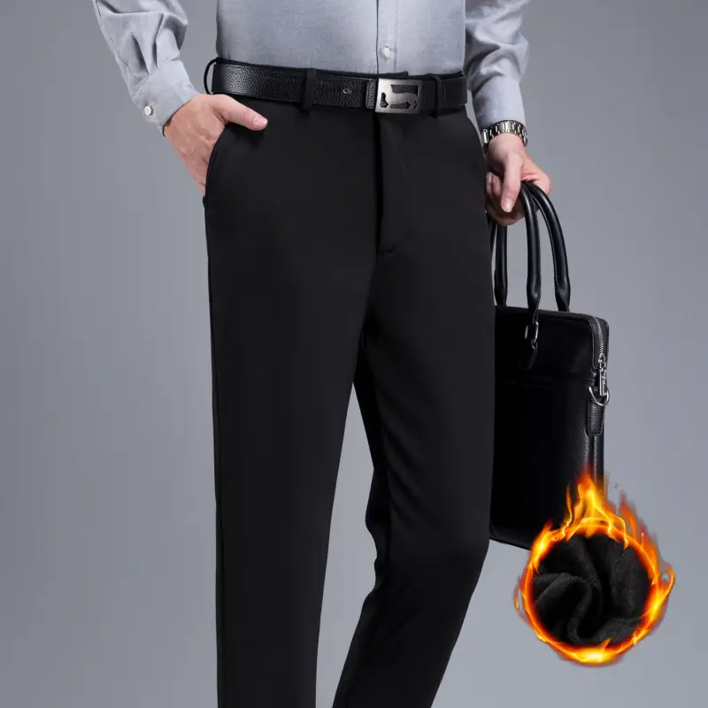 Men's Fleece Lined Black Pants Thick Waist Stretch — feature 17