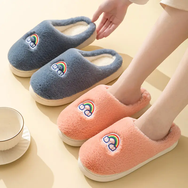 Rainbow fluff cotton slippers autumn and winter thick-soled plush slippers Women's Home couple warm fleece-lined cotton slippers - Image 35