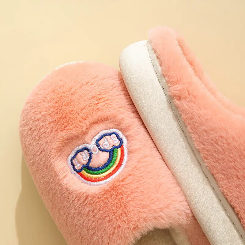Rainbow fluff cotton slippers autumn and winter thick-soled plush slippers Women's Home couple warm fleece-lined cotton slippers - Image 36