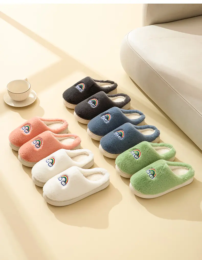 Rainbow fluff cotton slippers autumn and winter thick-soled plush slippers Women's Home couple warm fleece-lined cotton slippers — feature 16