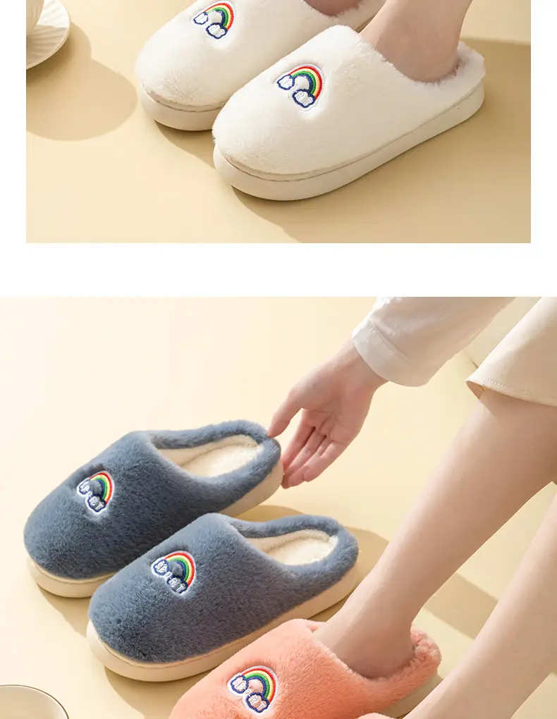 Rainbow fluff cotton slippers autumn and winter thick-soled plush slippers Women's Home couple warm fleece-lined cotton slippers — feature 25