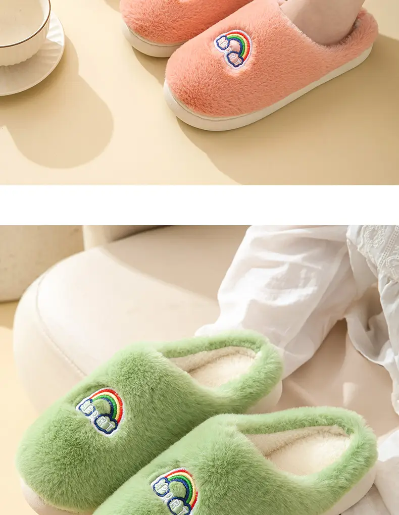 Rainbow fluff cotton slippers autumn and winter thick-soled plush slippers Women's Home couple warm fleece-lined cotton slippers — feature 26