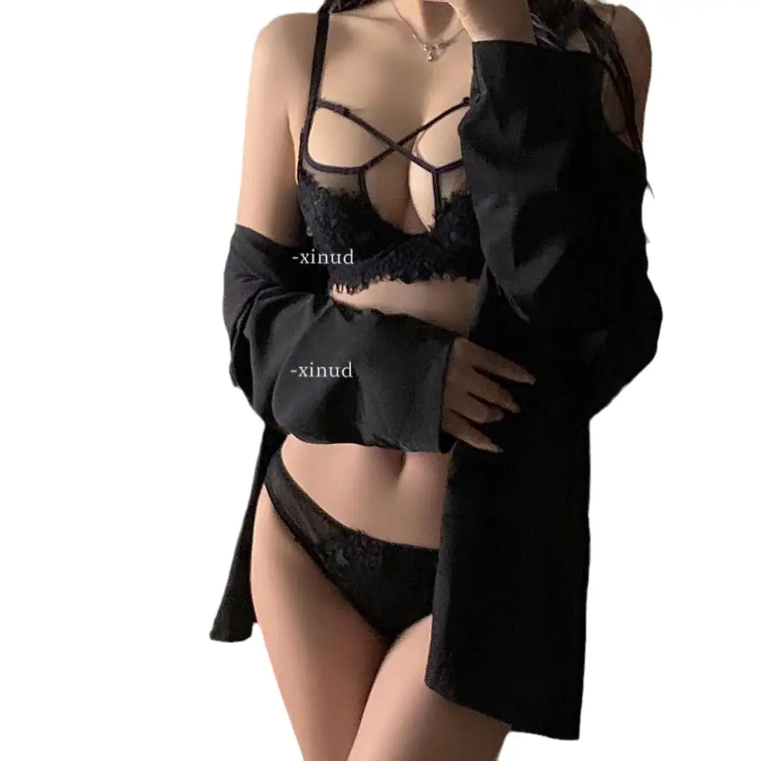Sexy lace French underwear cross hollow bra pure desire wireless bra thin big chest small breast collection