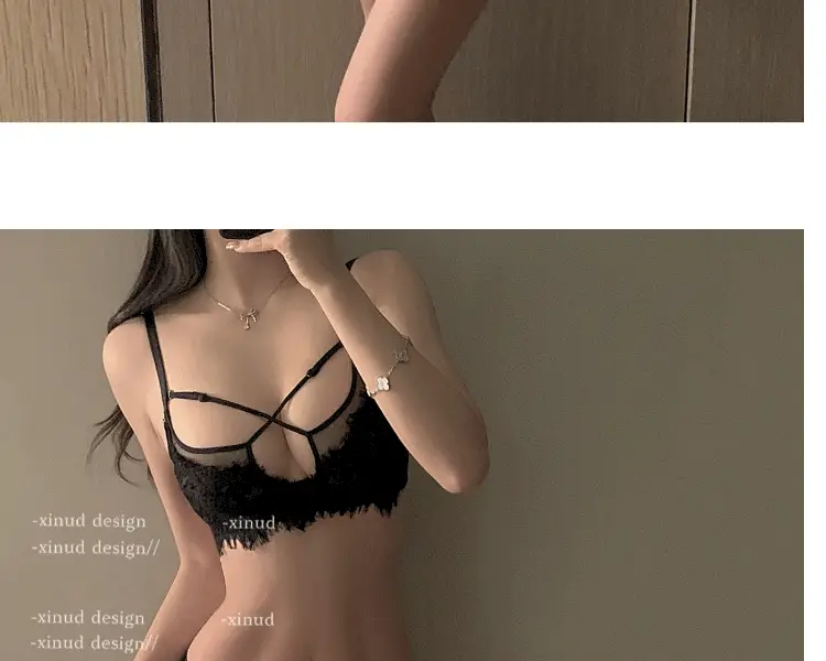 Sexy lace French underwear cross hollow bra pure desire wireless bra thin big chest small breast collection — feature 15