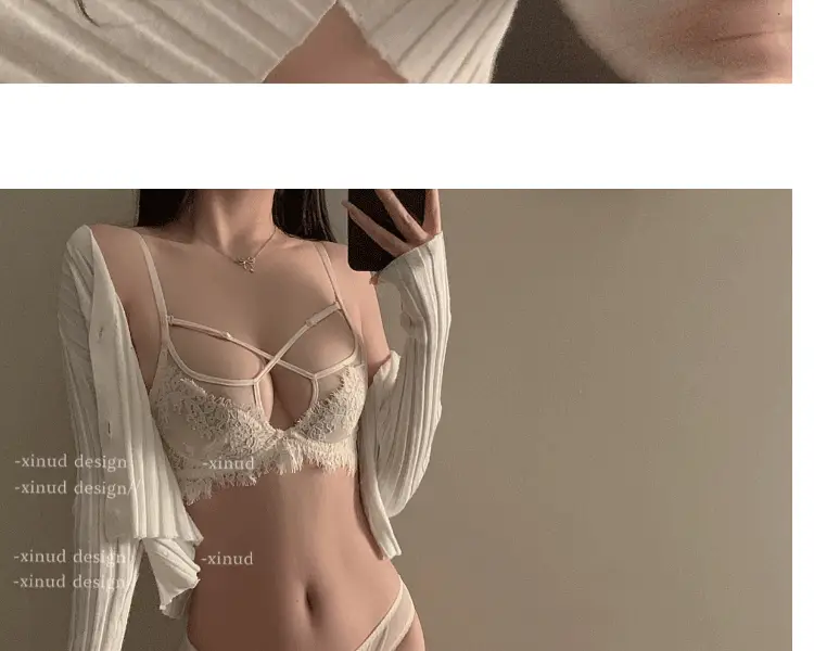 Sexy lace French underwear cross hollow bra pure desire wireless bra thin big chest small breast collection — feature 8