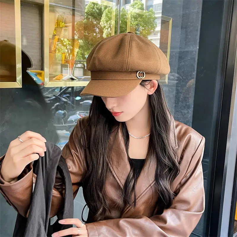 Women Retro British Japanese Peaked Cap Brown - Image 3