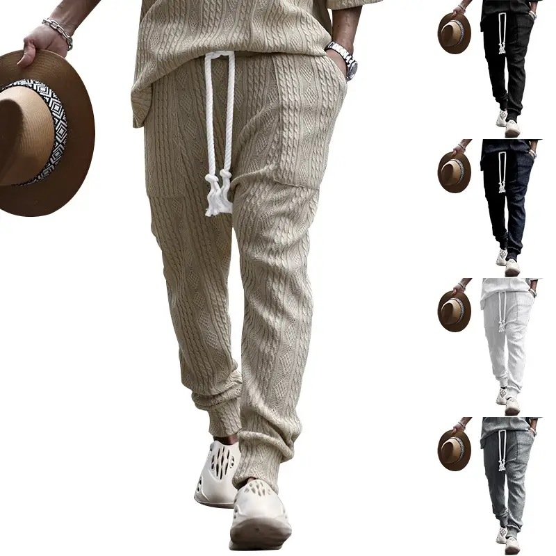 European & American Men's White Jacquard Ankle-Tied Casual Pants