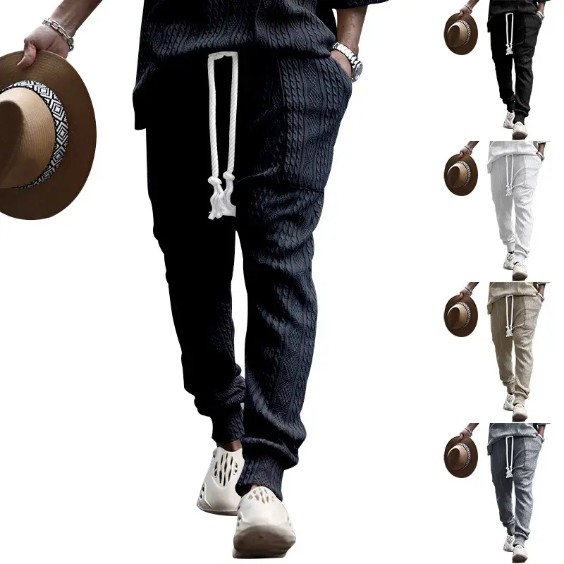 European & American Men's White Jacquard Ankle-Tied Casual Pants