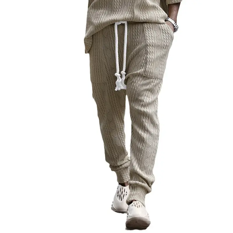 European & American Men's White Jacquard Ankle-Tied Casual Pants