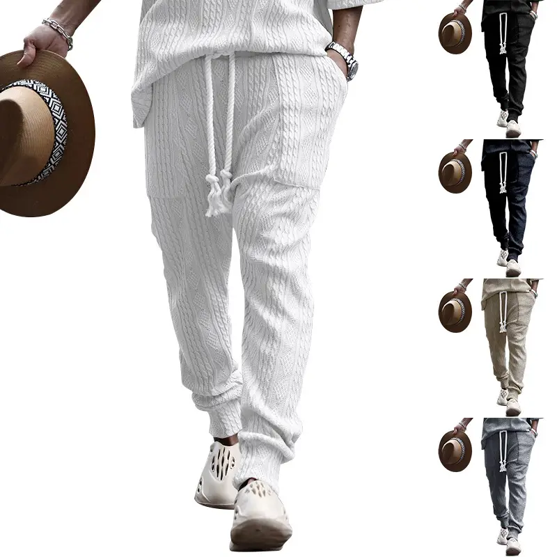 European & American Men's White Jacquard Ankle-Tied Casual Pants — feature 3