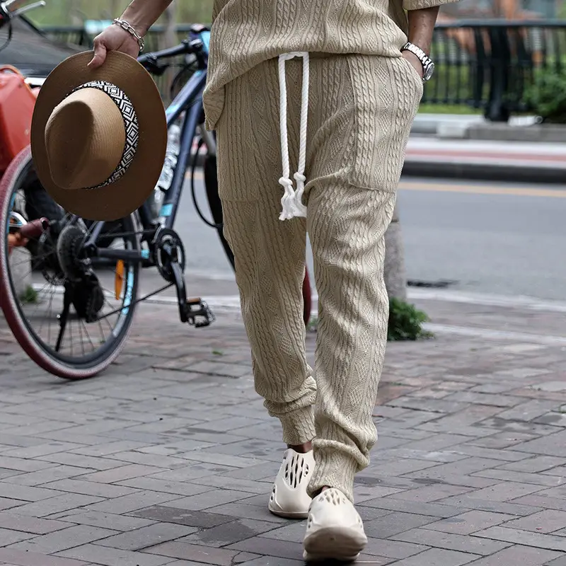 European & American Men's White Jacquard Ankle-Tied Casual Pants — feature 32