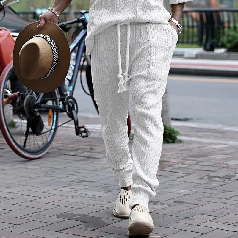 European & American Men's White Jacquard Ankle-Tied Casual Pants — feature 8