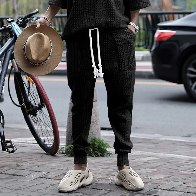 European & American Men's White Jacquard Ankle-Tied Casual Pants
