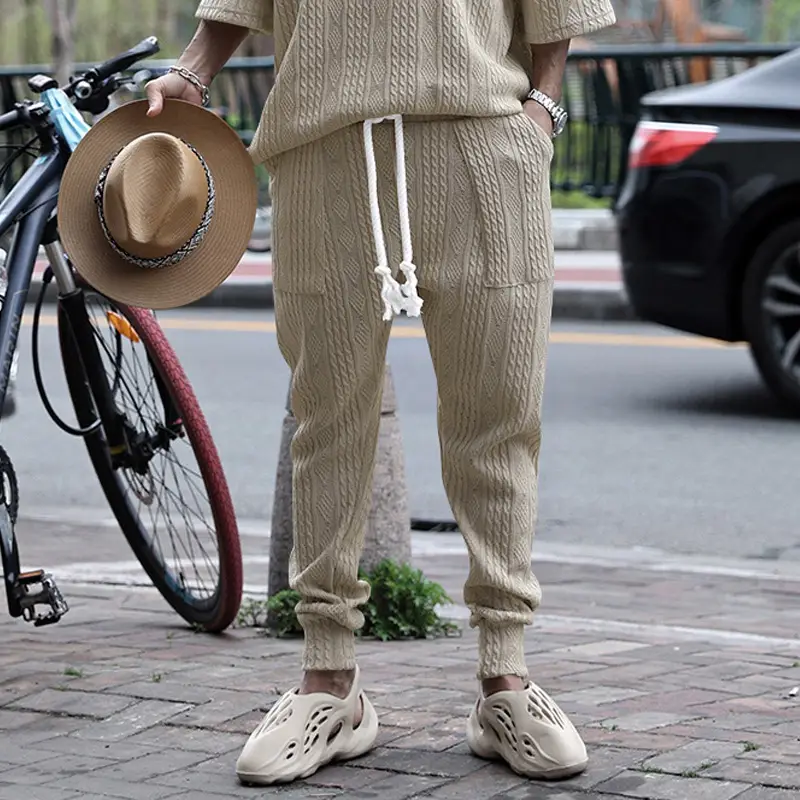 European & American Men's White Jacquard Ankle-Tied Casual Pants