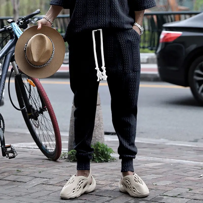 European & American Men's White Jacquard Ankle-Tied Casual Pants