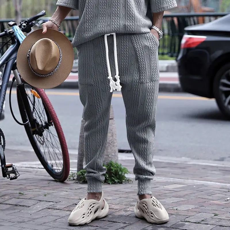 European & American Men's White Jacquard Ankle-Tied Casual Pants