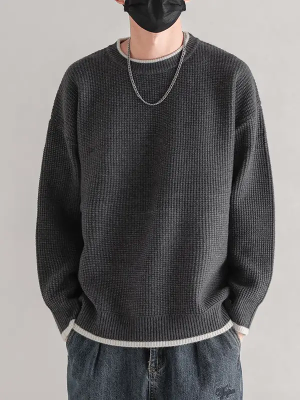 Men Black Ruffled Crewneck Sweater Winter Wear - Image 2