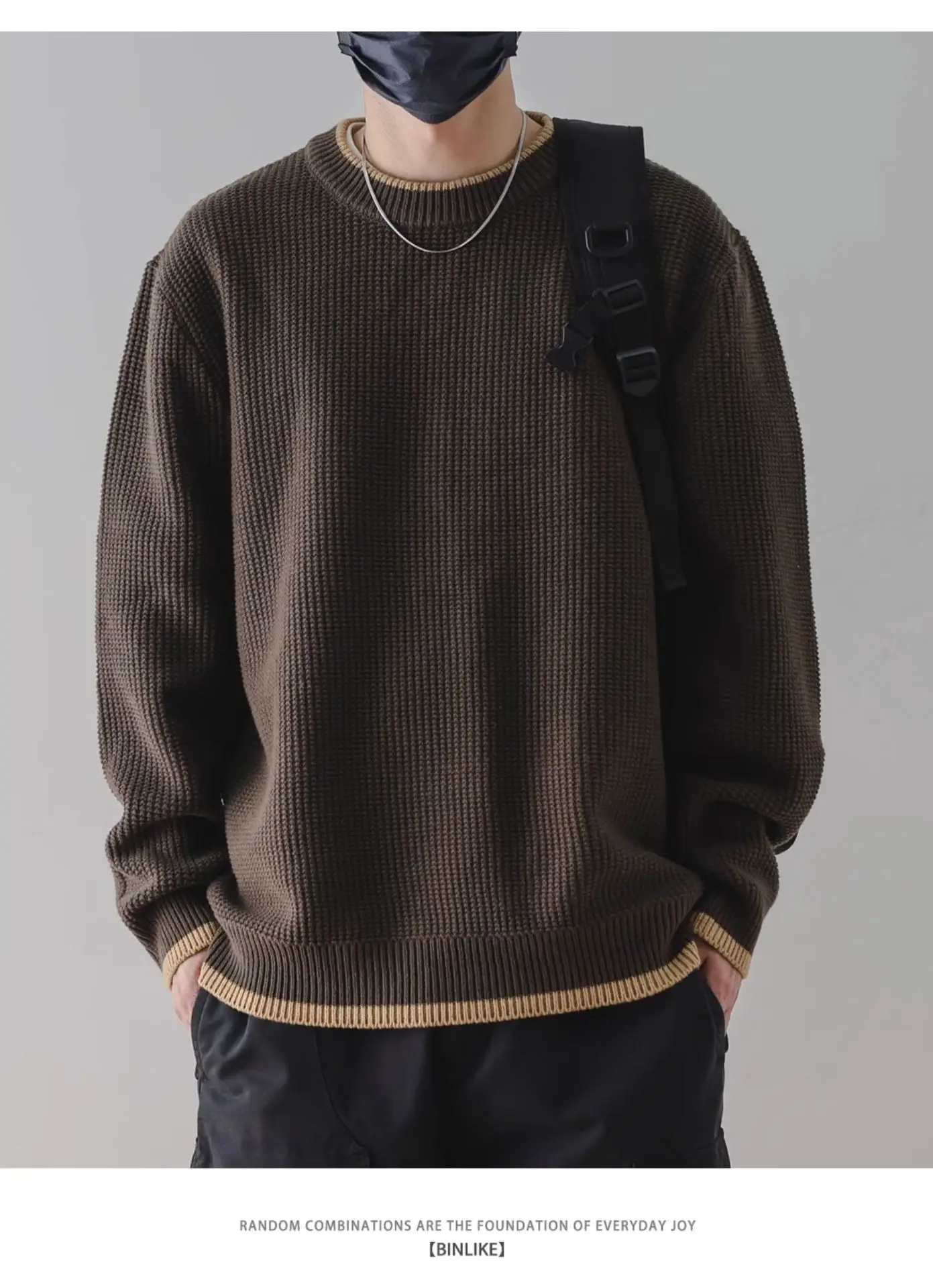 Men Black Ruffled Crewneck Sweater Winter Wear — feature 11