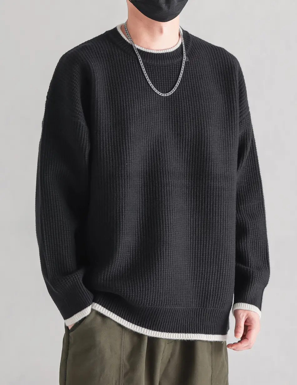 Men Black Ruffled Crewneck Sweater Winter Wear — feature 3