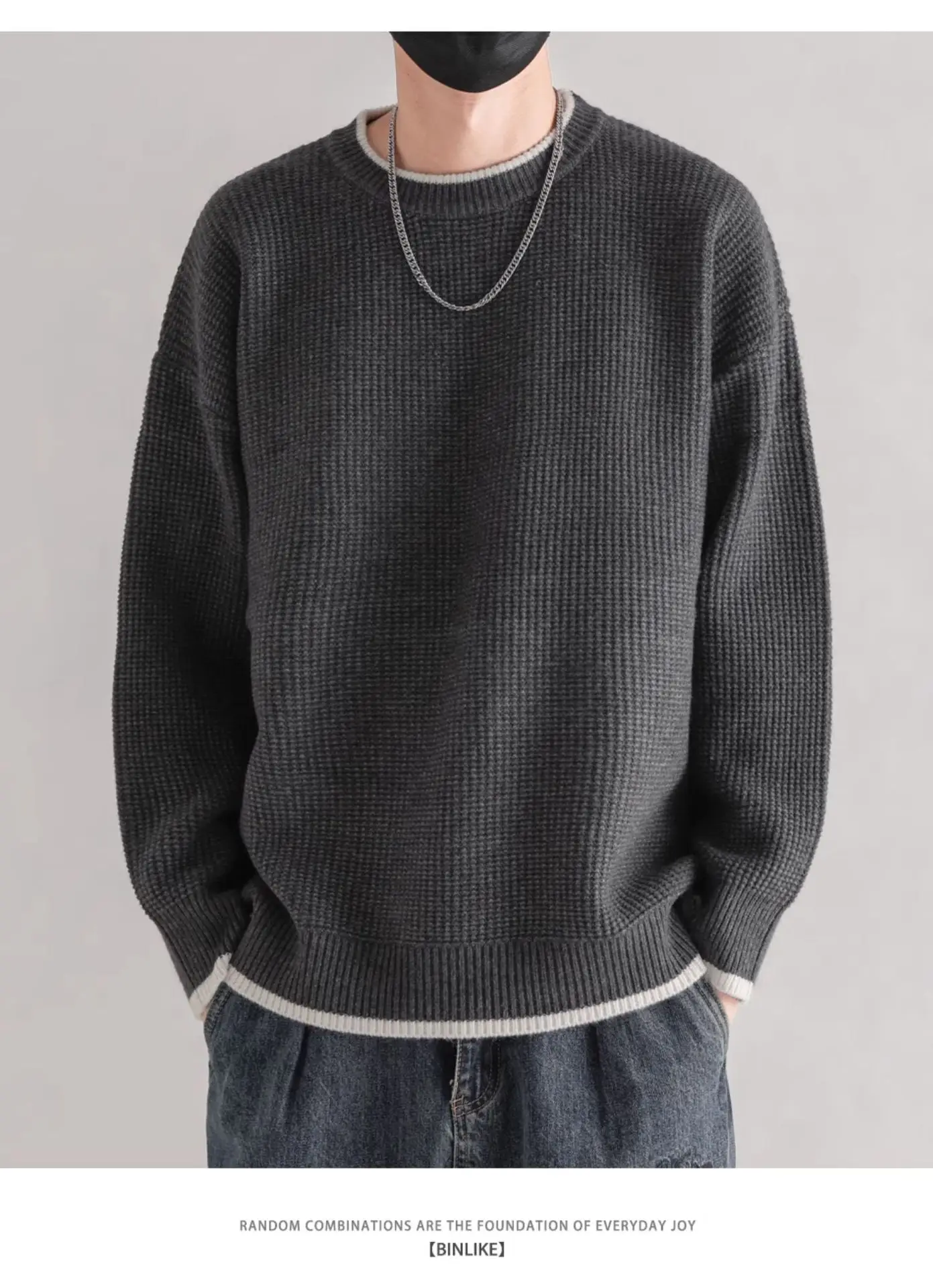 Men Black Ruffled Crewneck Sweater Winter Wear — feature 5