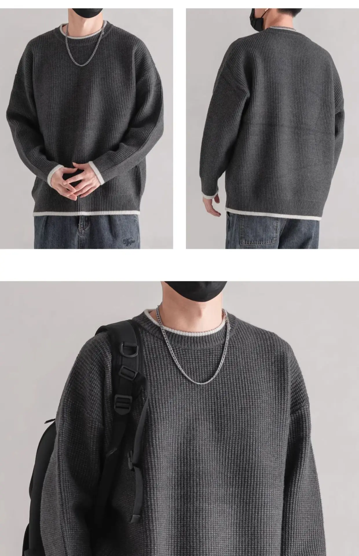 Men Black Ruffled Crewneck Sweater Winter Wear — feature 6
