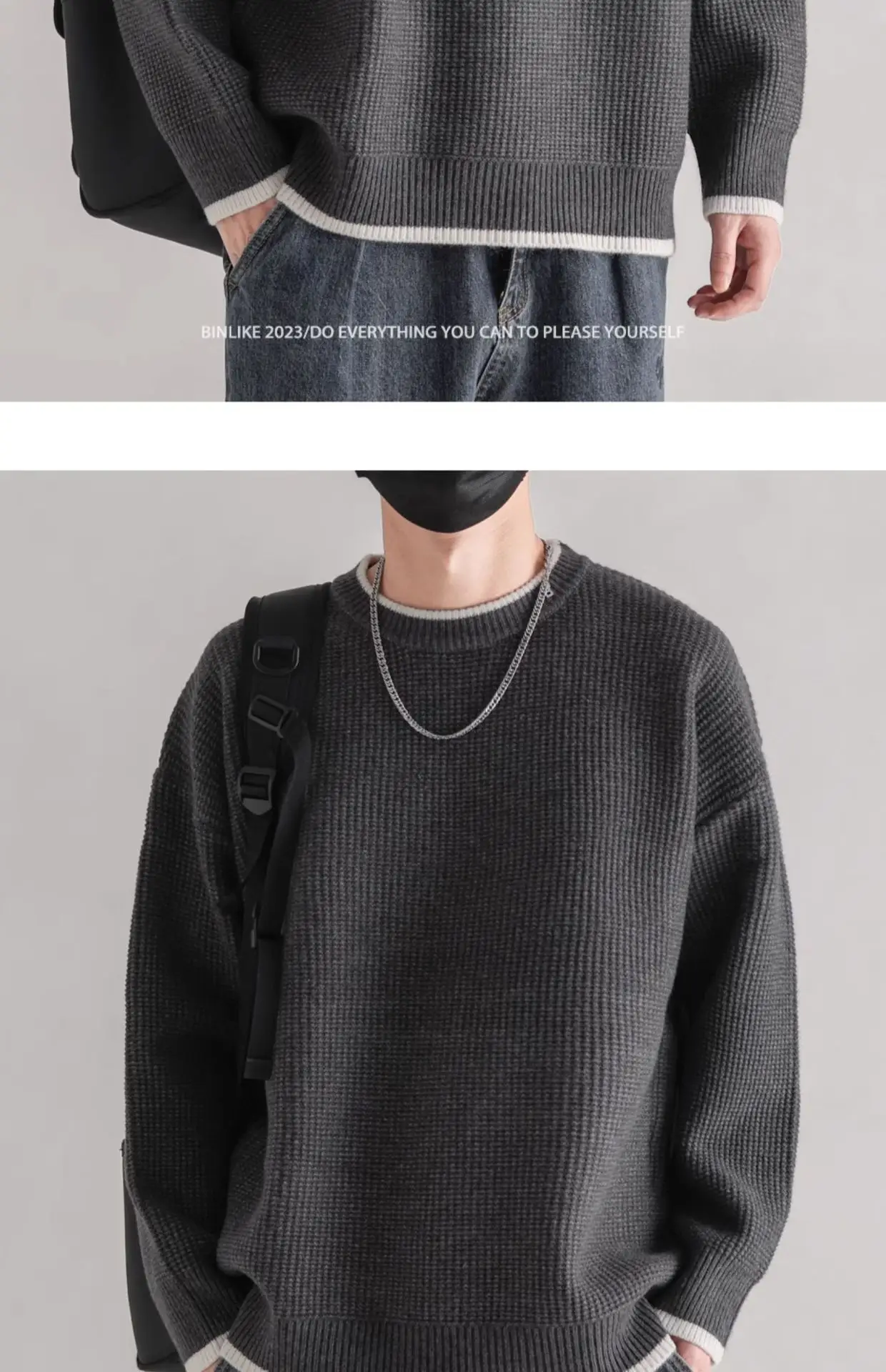 Men Black Ruffled Crewneck Sweater Winter Wear — feature 7
