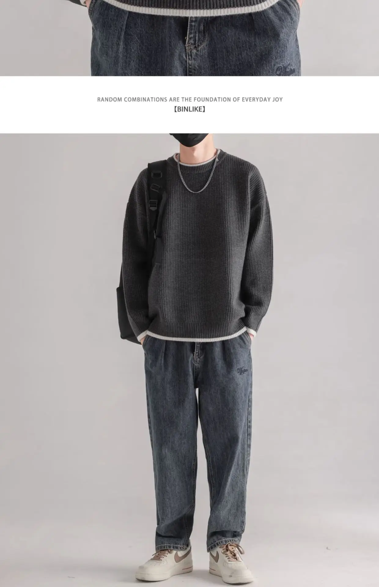 Men Black Ruffled Crewneck Sweater Winter Wear — feature 8