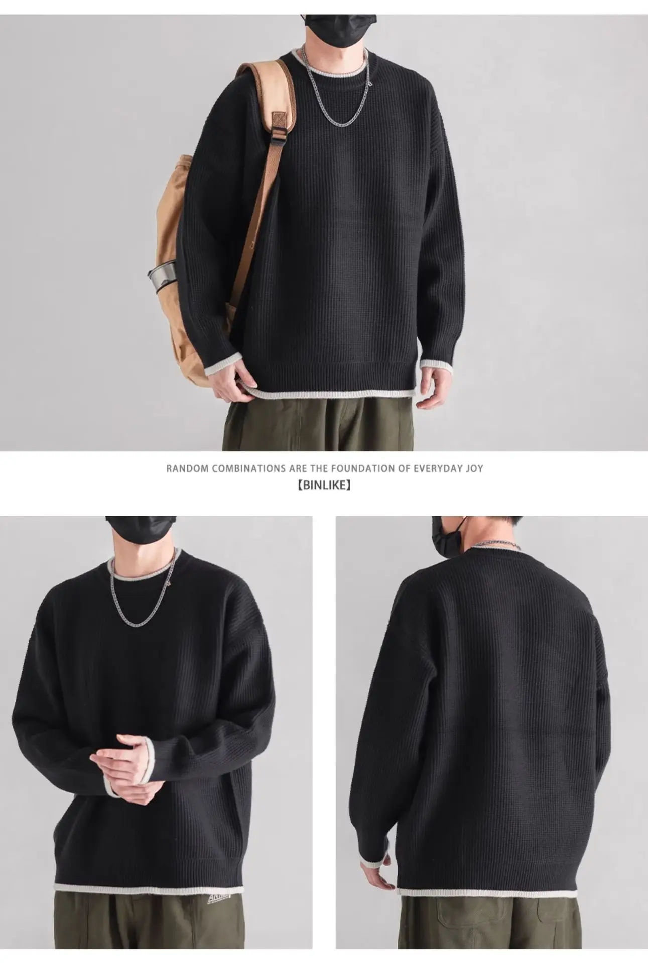 Men Black Ruffled Crewneck Sweater Winter Wear — feature 9