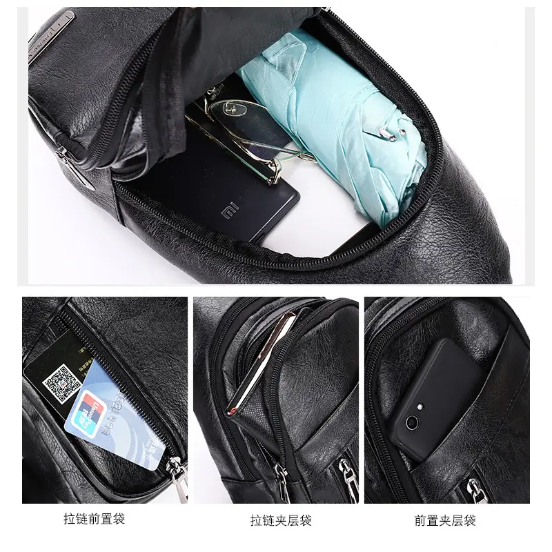 Men's Black PU Leather Crossbody Bag with 5 Pockets