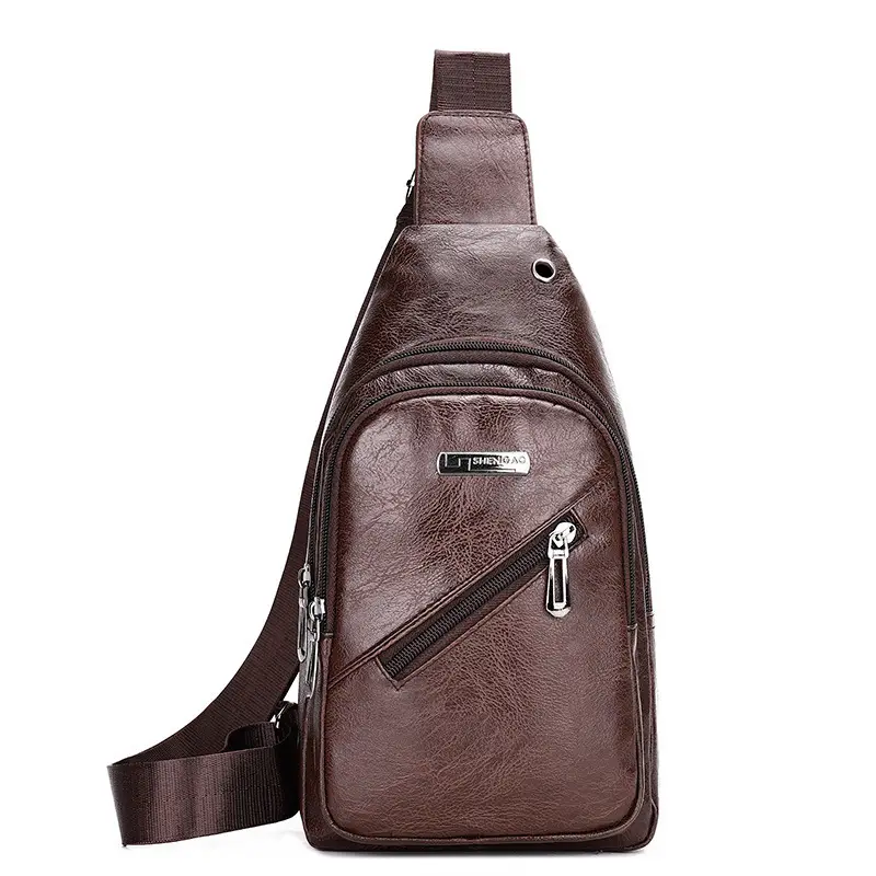 Men's Black PU Leather Crossbody Bag with 5 Pockets