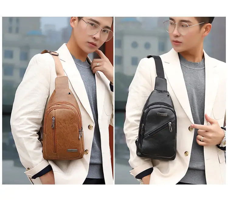 Men's Black PU Leather Crossbody Bag with 5 Pockets — feature 10