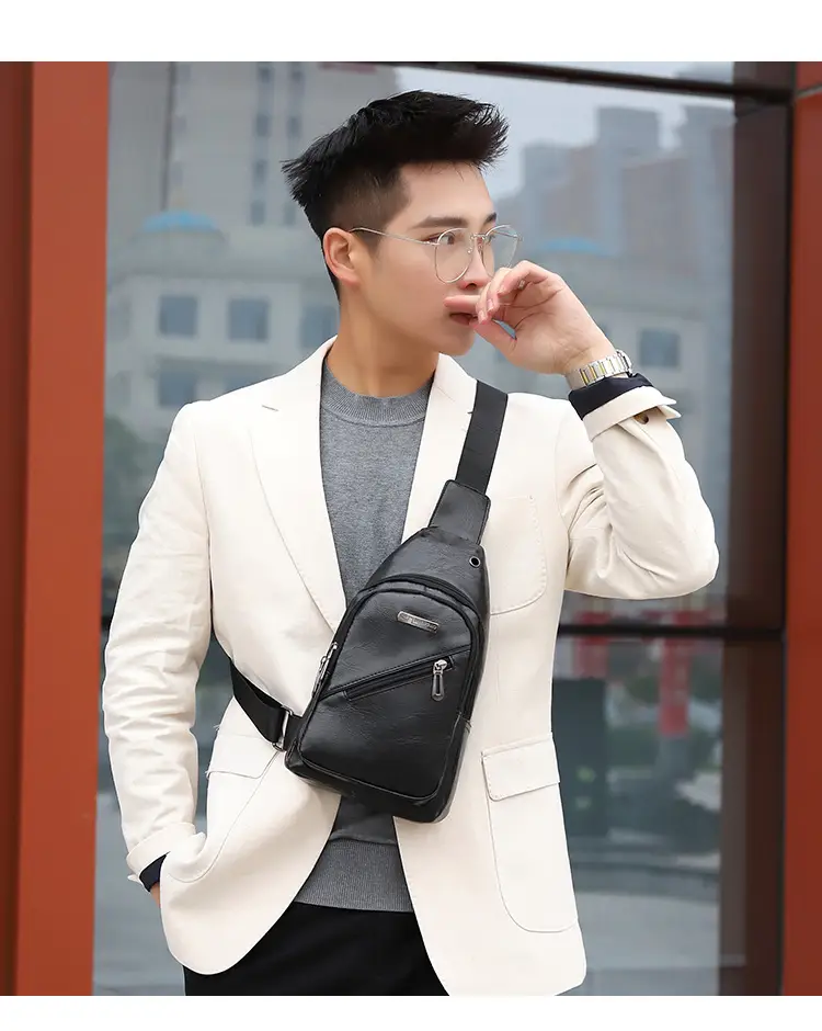 Men's Black PU Leather Crossbody Bag with 5 Pockets — feature 11