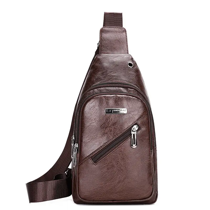 Men's Black PU Leather Crossbody Bag with 5 Pockets