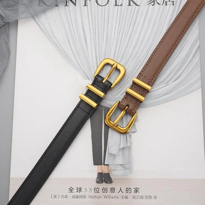 Women's Black Leather Belt with Gold Buckle - Image 6